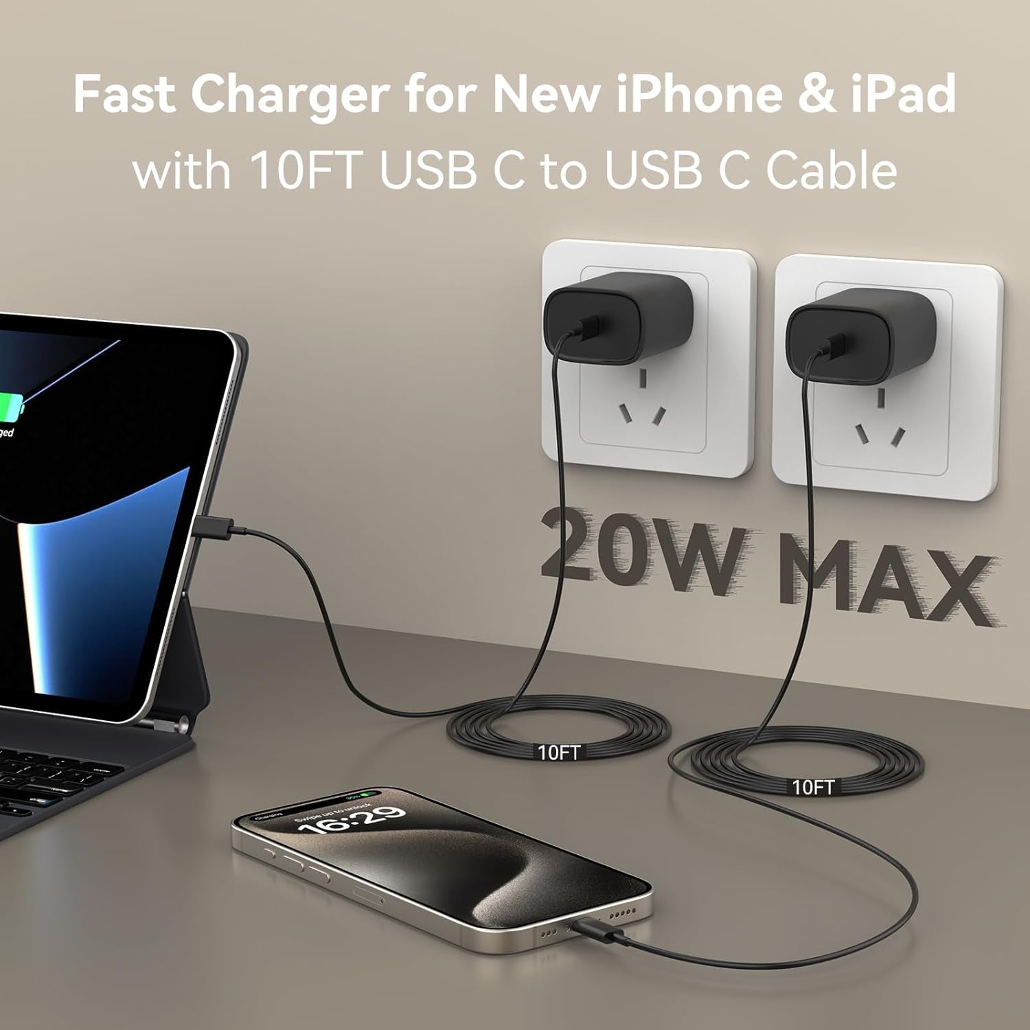 I.Phone 15 16 Pro Max Charger, 10 FT Long Cord USB C to C Fast Charging Cable with PD 20W Fast Charger Block for I.Phone 16/16 Pro/16 Plus/16 Pro Max/15/15 Pro Max/ 15 Pro/15 Plus, Pad Pro/Air, Black