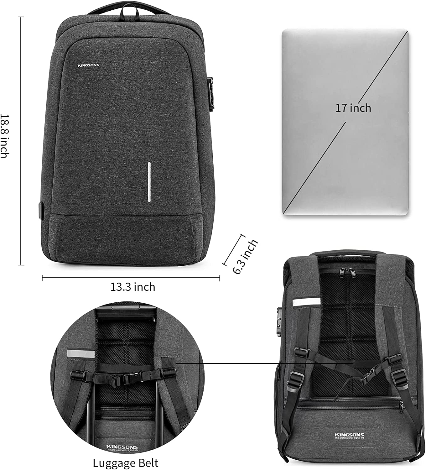 Laptop Backpack, Large Business Travel Computer Bag with USB Charging Port Anti-Theft Water Resistant for 17.3 Inch Laptop Rucksack for Men